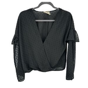 PPLA Jayce Black Swiss Dot Surplice Wrap Top Size S Long Sleeve Ruffle EUC